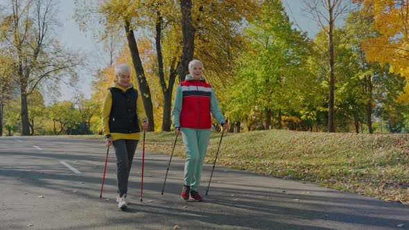 Two Aged Women Doing Nordic Walking in Fall City Park on Sunny Day Front View