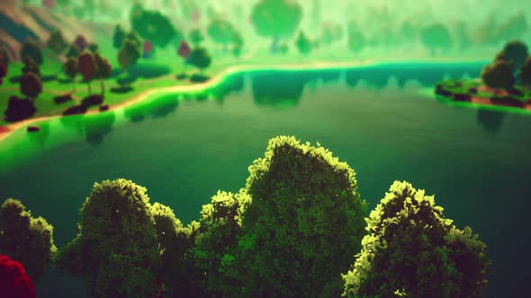 Cartoon Green Forest Landscape with Trees and Lake alt