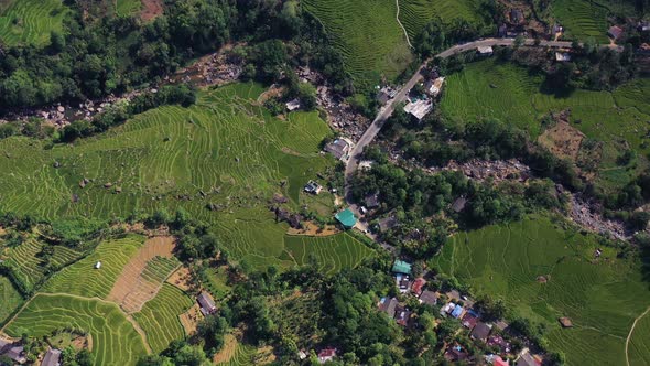 Aerial view of houses in countryside near Nuwara Eliya, Sri Lanka