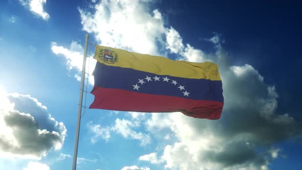 Flag of Venezuela Waving at Wind Against Beautiful Blue Sky