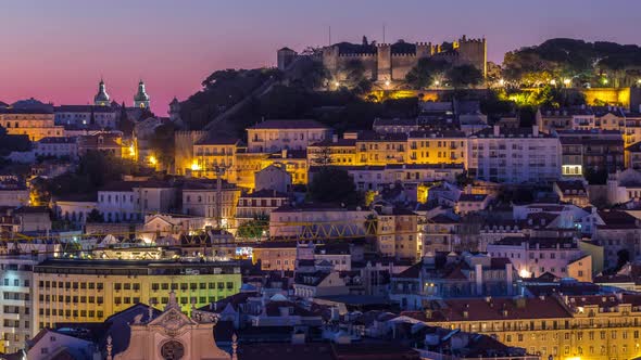 Lisbon Aerial Cityscape Skyline Night to Day Timelapse From Viewpoint of St