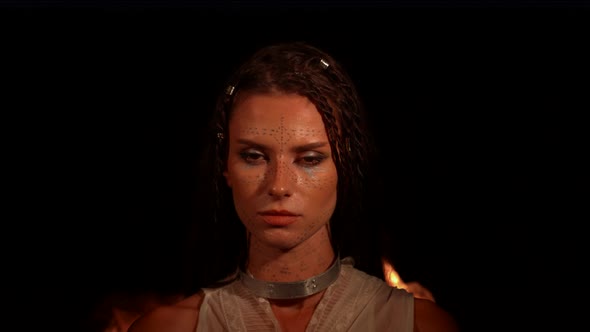 Dacian woman and flames, ultra slow motion