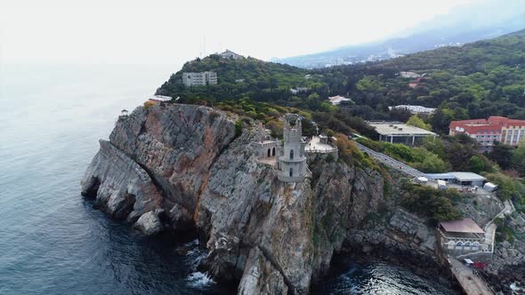 Aerial View of Rocky Sea Shore in Crimea, Yalta. Coastal Town and Swallow Nest Landmark