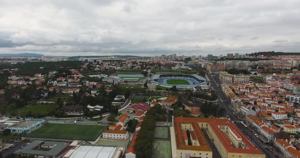 Lisbon city of Portugal, Estadio do Restelo stadium Drone shot in Portugal