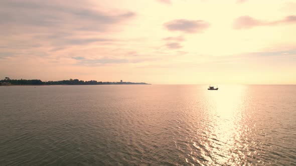 4K aerial view of a drone. Fishermen are sailing in the sea