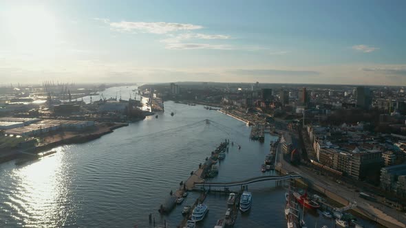 Aerial View of Buildings on the River Bank of Elbe River in Hamburg City Center