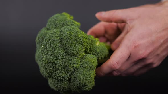 Woman Showing Fresh Green Brocolli in Close Up Hands Macro