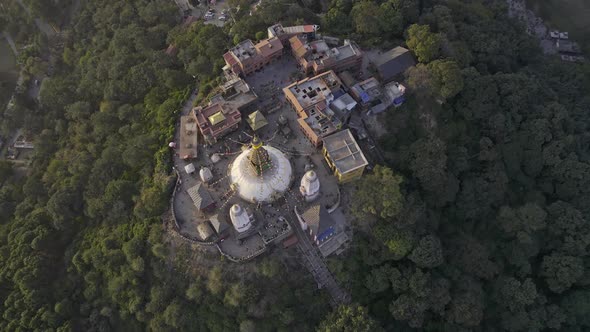 Aerial view high over Swayambhunath Stupa in Kathmandu