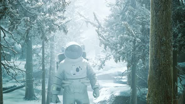 Astronaut Exploring Forest in Snow