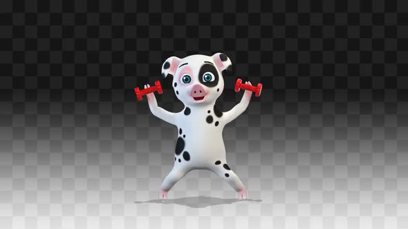 White Pig Jumping With Dumbbells In His Hands