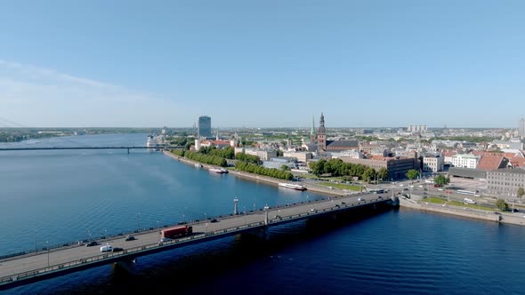 Establishing Aerial Bird Eye View Shot of Riga Riga Skyline Latvia