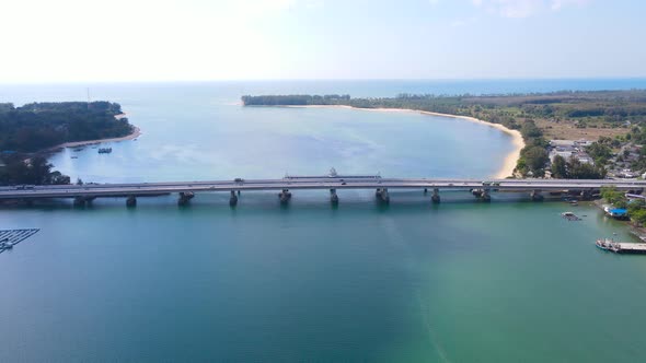 Aerial view top down view Sarasin Phuket Bridge transport over sea. Transport concept.