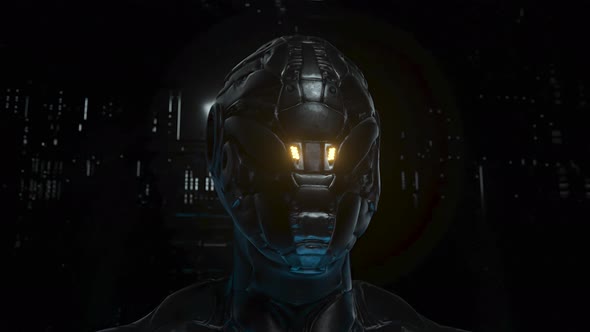 Portrait of a Cyborg with Neon Rings on a Technological Background