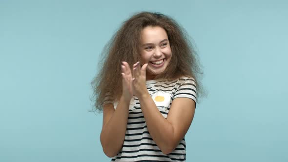 Slow Motion of Beautiful Silly Woman Dancing and Looking Pleased Clap Hands and Smiling Thankful