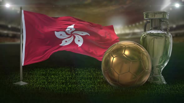 Hong Kong Flag With Football And Cup Background Loop