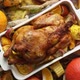 Festive Chicken Baked By Thanksgiving on White Owen Plate and a Harvest of Seasonal Vegetables - VideoHive Item for Sale