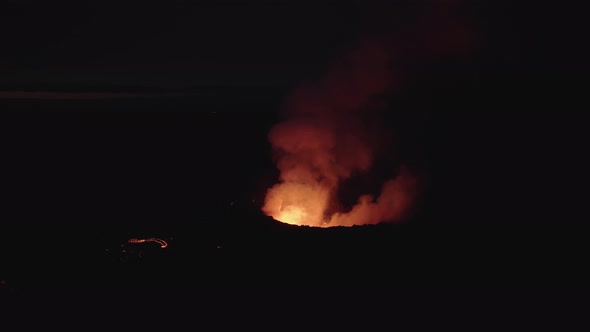 Drone Flight Of Smoke Glowing From Erupting Volcano