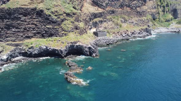 Rocks and cliff edges by the sea in Madeira. Shot on DJI.
