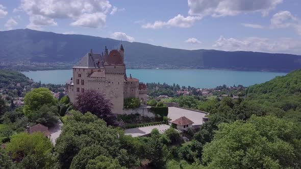 Annecy Lake and Castle Aerial View in France