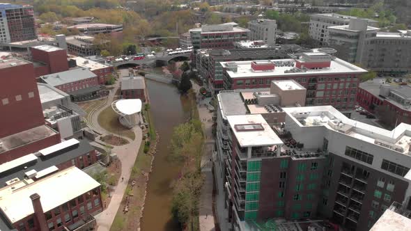 Aerial drone footage of downtown Greenville, South Carolina.