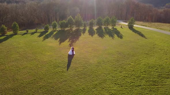 Aerial View Beautiful Couple Walking Against the Backdrop of the Setting Sun