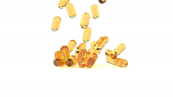 Vitamin Oil Capsules Pills Fall on White Serum Through the Skin