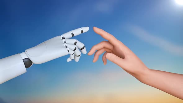 Finger touching between human and robot transfer connection. alt