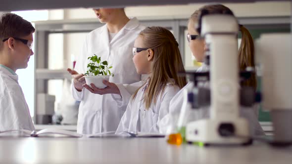 Students and Teacher with Plant at Biology Class 