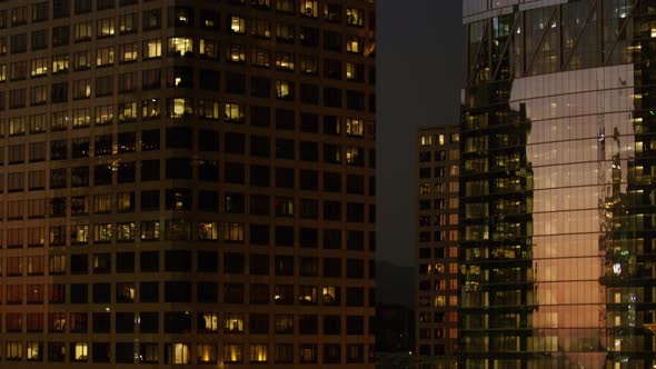 City buildings at night in downtown Los Angeles