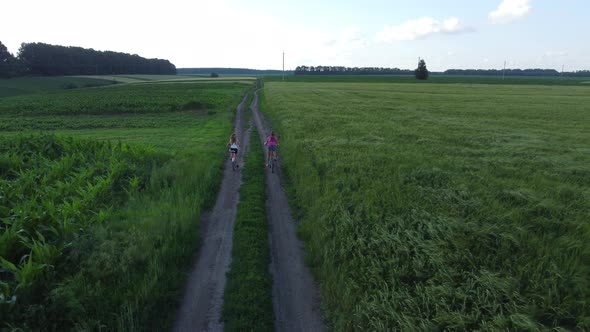 Girls Ride Bicycles Near a Field of Wheat