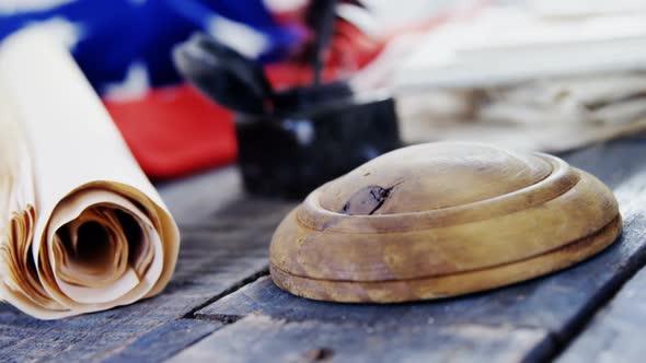 Gavel and legal documents arranged on American flag