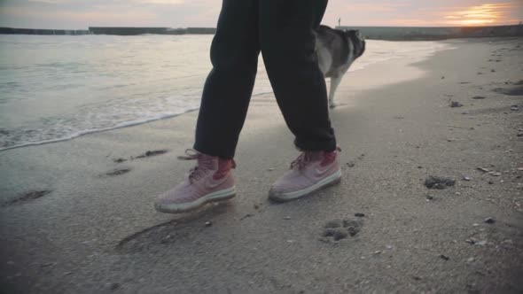 Young Beautiful Female Walking with Siberian Husky Dog on the Beach at Sunset Slow Motion