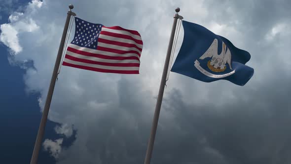 Waving Flags Of The United States And The Louisiana State 4K