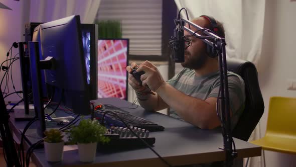 Side View of Pro Streamer Man with Headphones