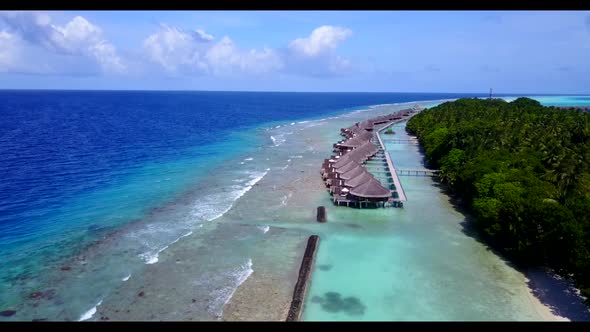 Aerial drone view landscape of tranquil bay beach wildlife by blue water and white sandy background 