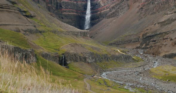 Hengifoss Waterfall with Foliage in Foregroud East Iceland