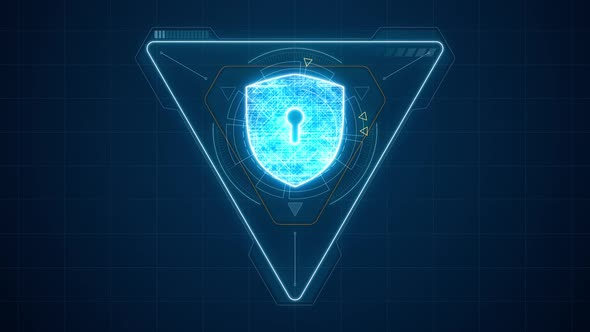 Blue Security shield with triangle and circle rotation with HUD technology interface and futuristic alt