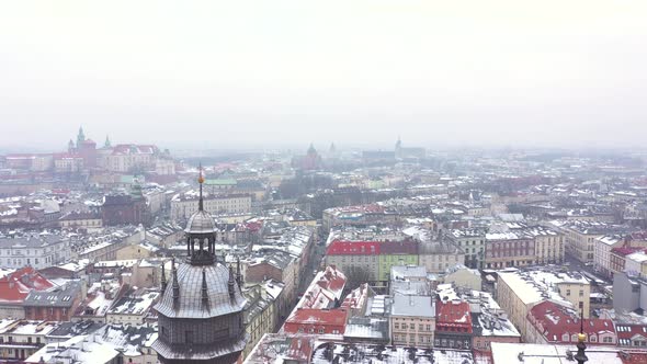 Aerial View of the Historical Center of Krakow Church Wawel Royal Castle in Winter