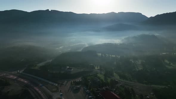 Foggy morning in the mountains aerial view 4 K Turkey