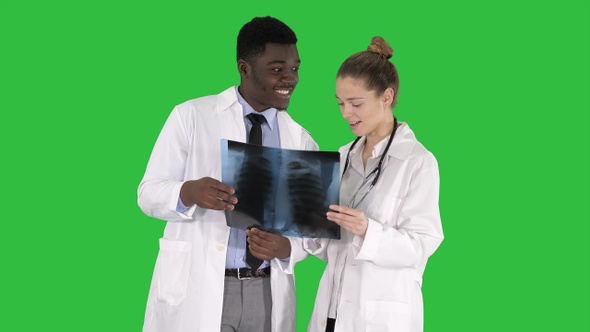 Young female doctor and afro american doctor looking at