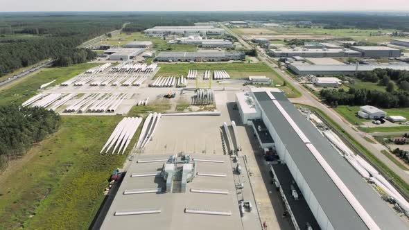 The warehouse of blades at the plant for the production of wind turbines.