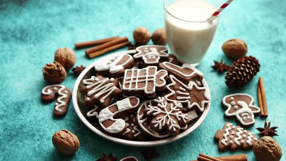 Sweet Christmas Composition. Assortment of Gingerbread Cookies on a Plate