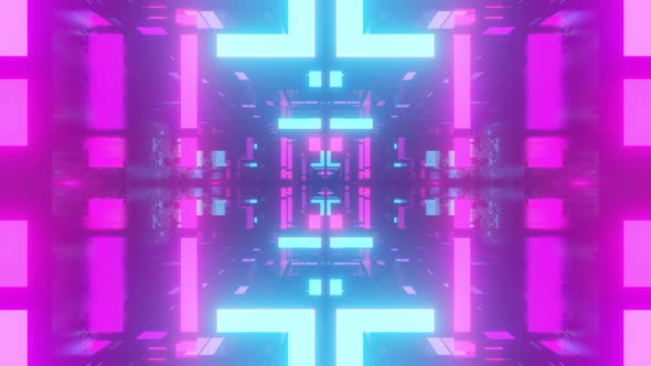 Fly Through Symmetrical Technology Cyberspace with Neon Glow