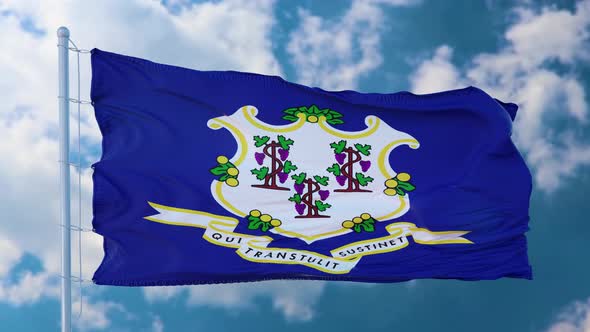 Flag of Connecticut State Region of the United States Waving at Wind