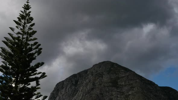 TimeLapse - Moody clouds gliding over sandstone mountain, big fir tree in foreground.