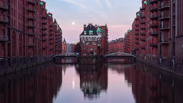 Night to Day Time Lapse of Sunrise Warehouse District, Hamburg, Germany