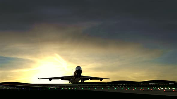 Large Airplane Taking Off Against Beautiful Sunset alt