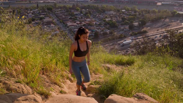 Athletic Woman Hiking Morning Mountain