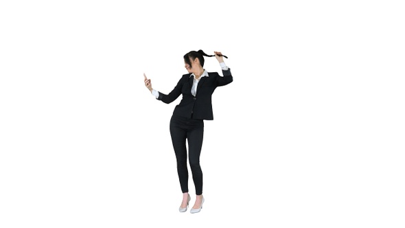 Business woman look into smart phone preening and dancing
