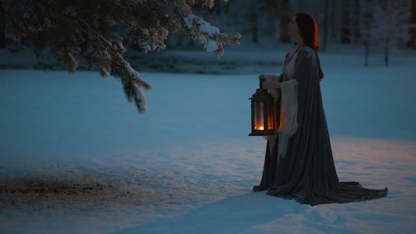 Fantasy Cosplay Young Woman with Vintage Lantern Looking at Fir Tree Covered in Snow